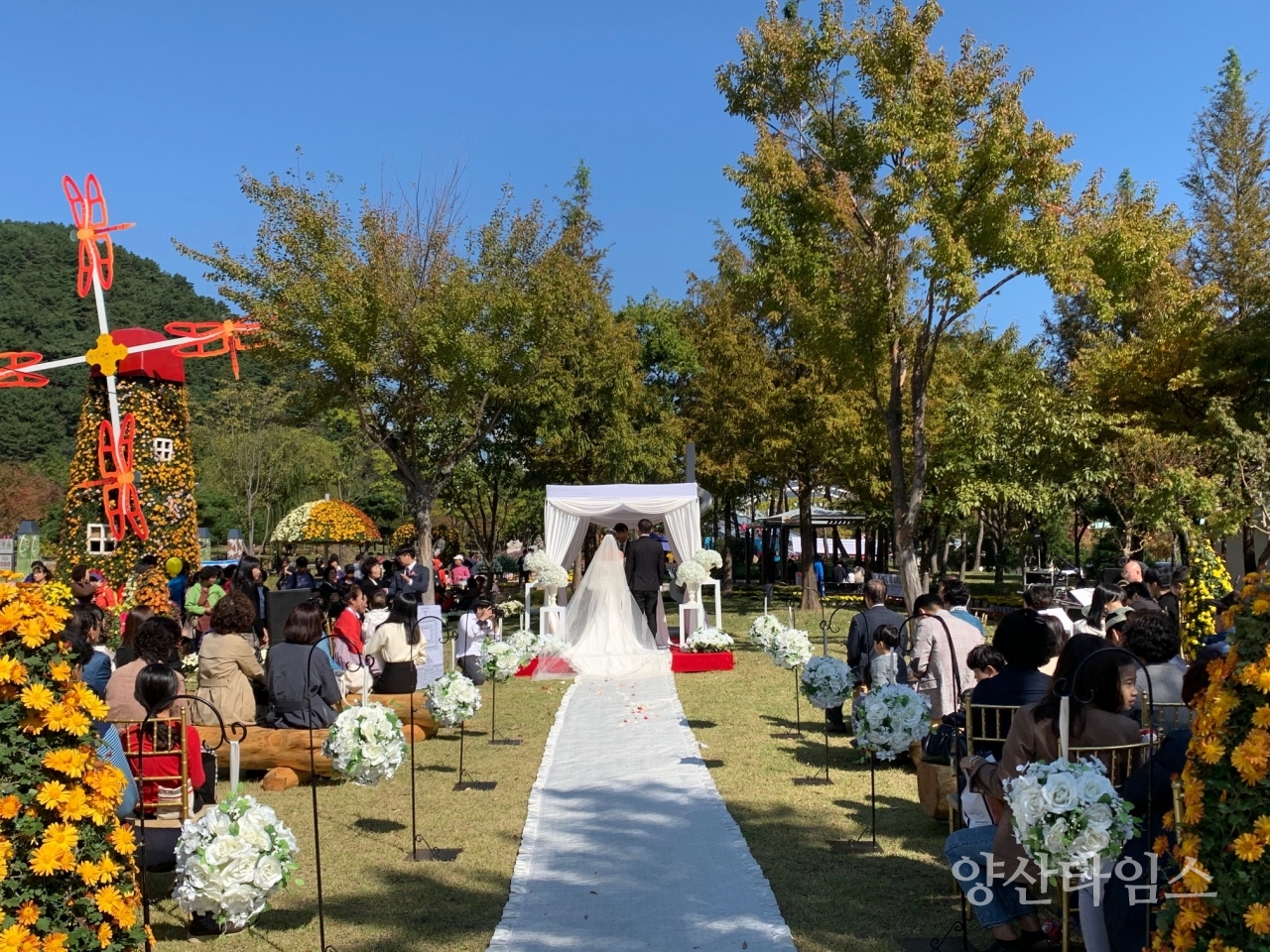 2019 양산국화향연 개막식 행사장에서 3쌍의 부부가 '아주 특별한 결혼식'을 올렸다. ⓒ양산타임스