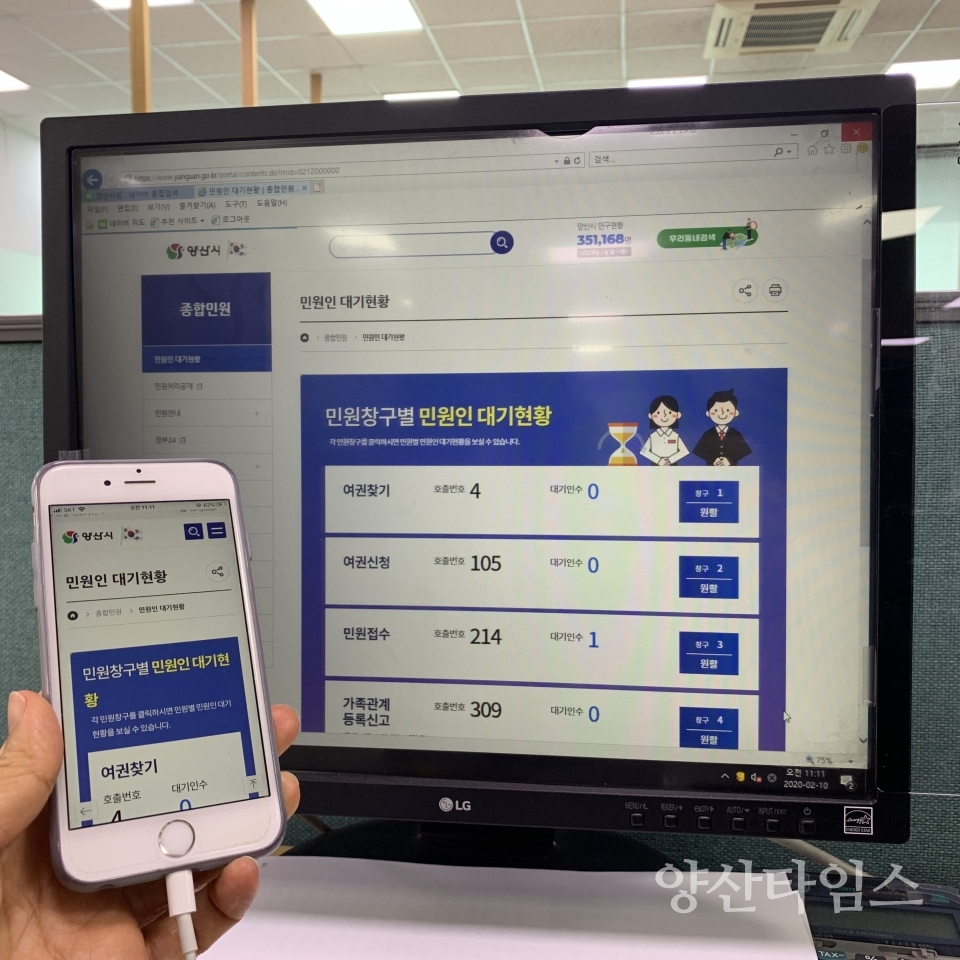 양산시청 민원실 창구별 대기현황을 시홈페이지에서 실시간으로 확인할 수 있다. ⓒ양산타임스
