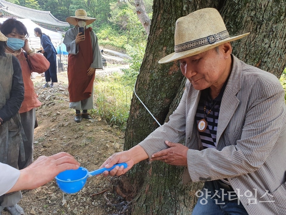 당산나무에 막걸리를 부어주는 곡차시식을 하는 옥상선생 ⓒ양산타임스