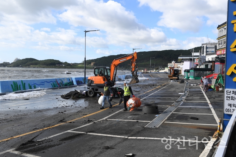9월 3일 오전 8시 40분경 기장군이 태풍에 의해 연화리 해안가로 밀려온 해양쓰레기를 수거하며 응급복구 하고있다ⓒ양산타임스