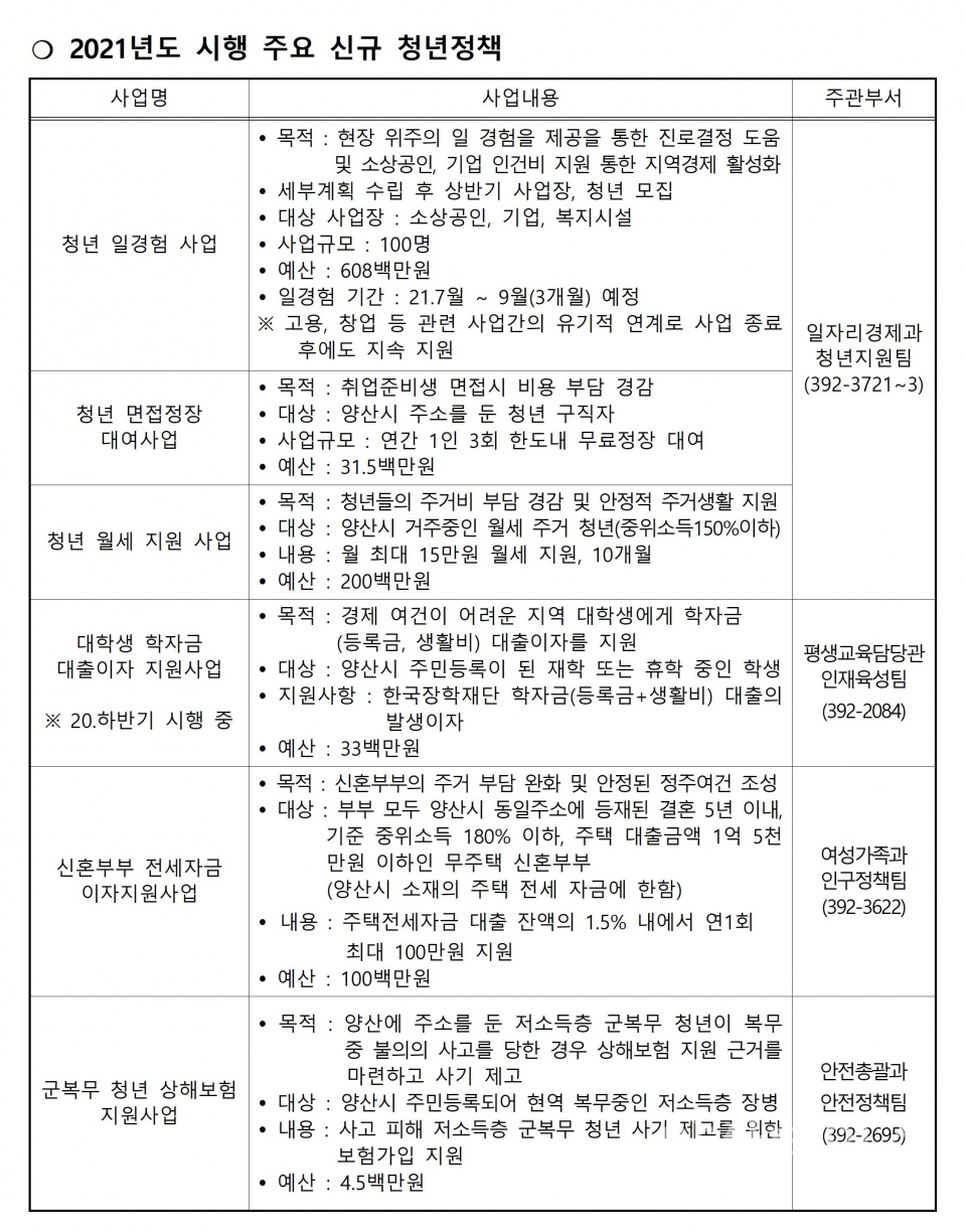 2021년도 시행 주요 신규 청년정책 ⓒ양산타임스