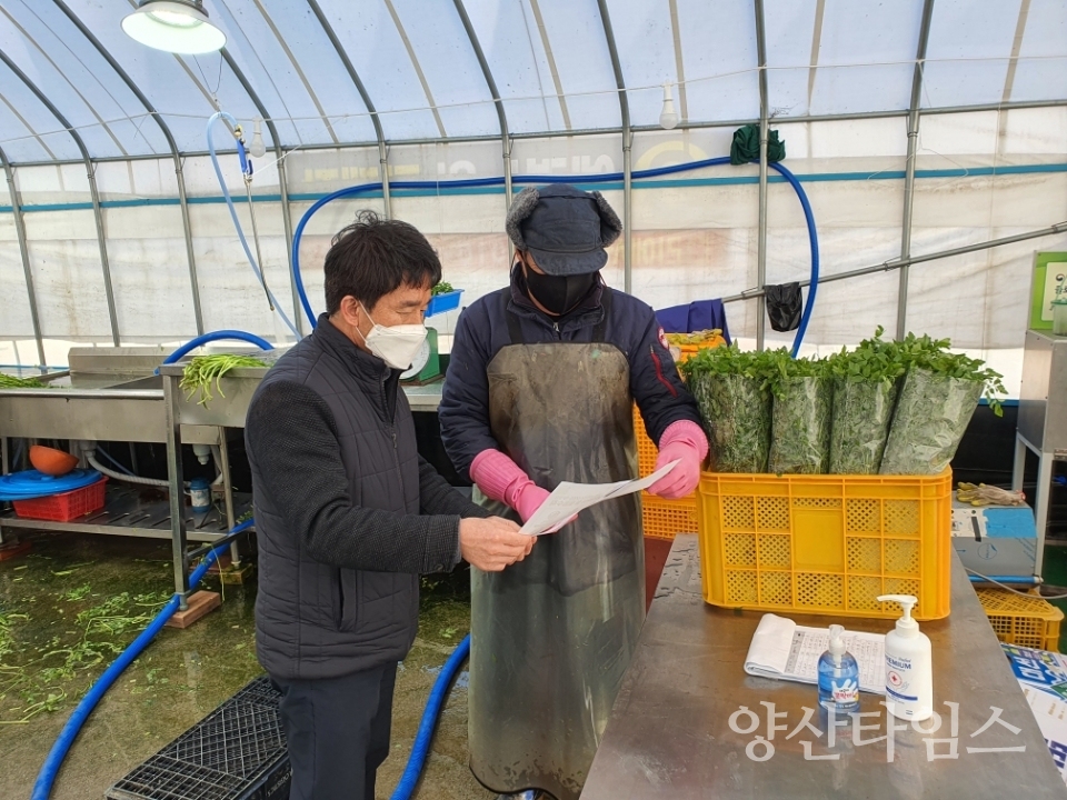 미나리 판매식당 방역 홍보 ⓒ양산타임스