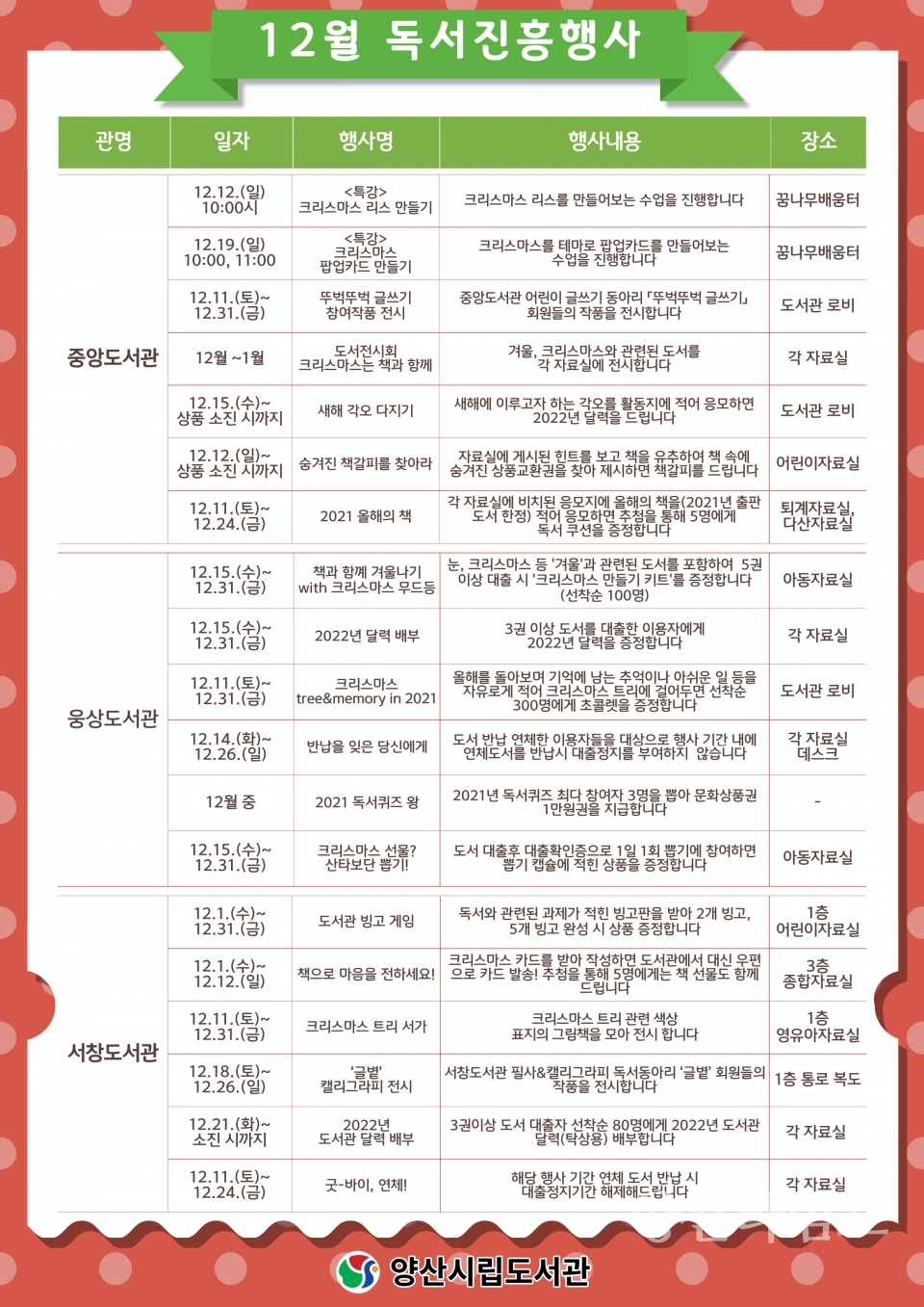 시립도서관 12월 독서진흥행사 안내ⓒ양산타임스