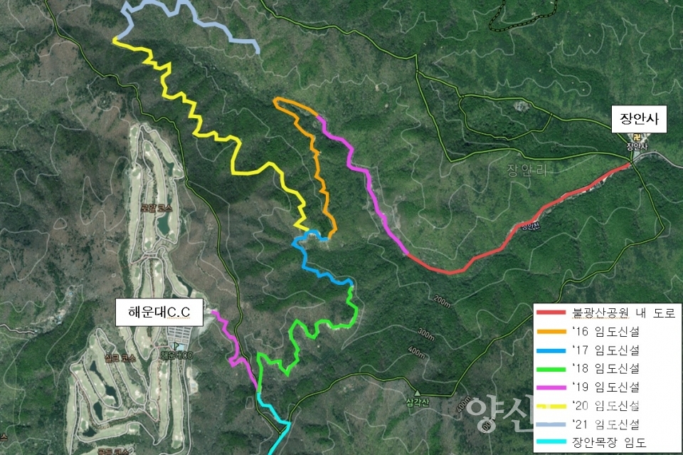"기장군 불광산 테마 트레킹로드 전경" "기장군 불광산 테마 트레킹로드 위치도"ⓒ양산타임스