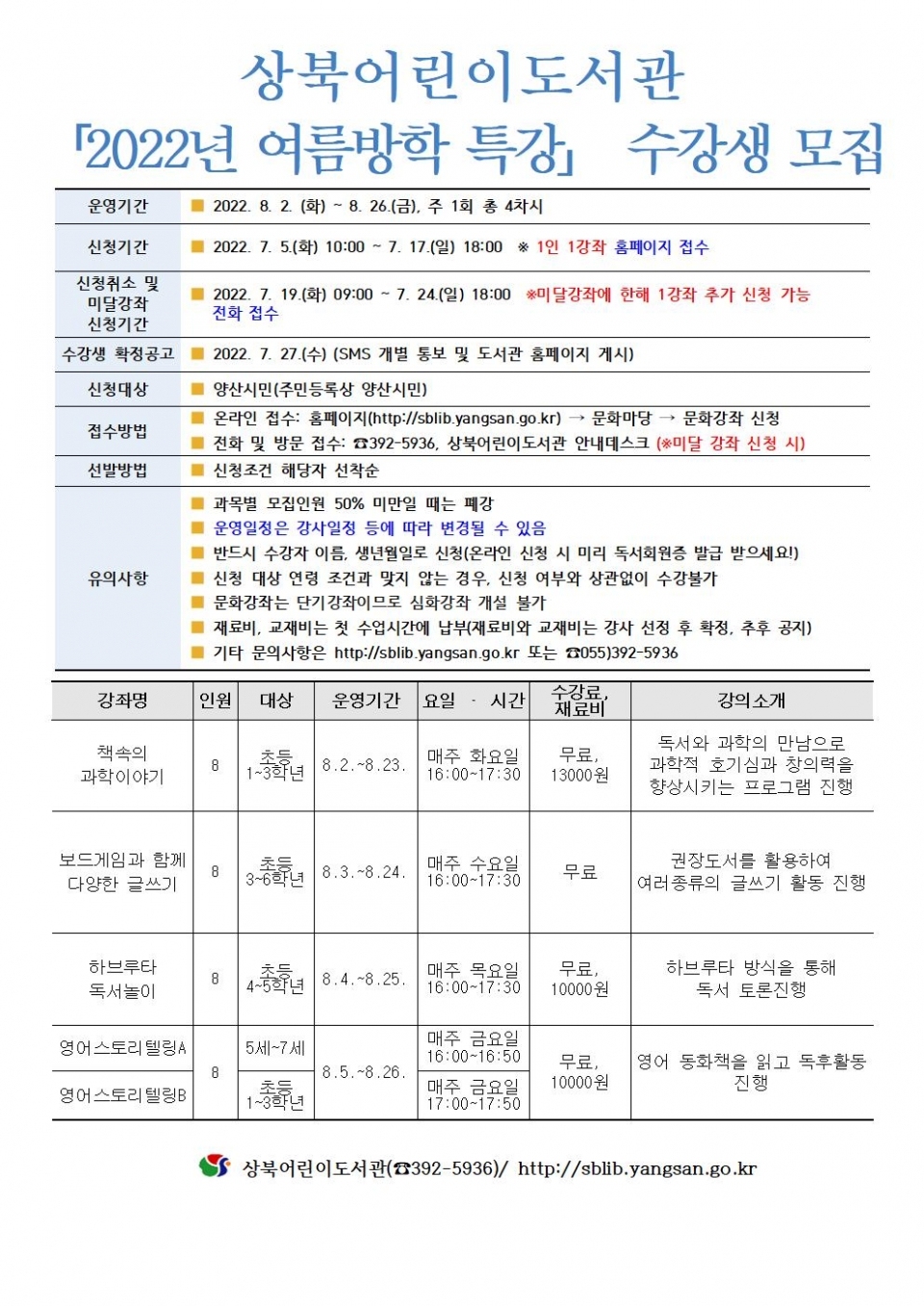 "중앙도서관 홍보문" "상북어린이도서관 홍보문" "서창도서관 홍보문" "웅상도서관 홍보문" "윤현진도서관 홍보문" ⓒ양산타임스
