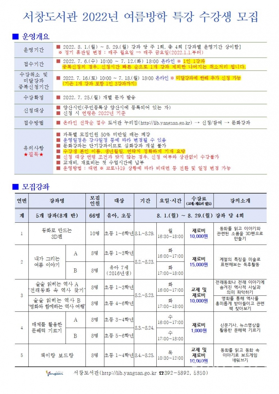 "중앙도서관 홍보문" "상북어린이도서관 홍보문" "서창도서관 홍보문" "웅상도서관 홍보문" "윤현진도서관 홍보문" ⓒ양산타임스