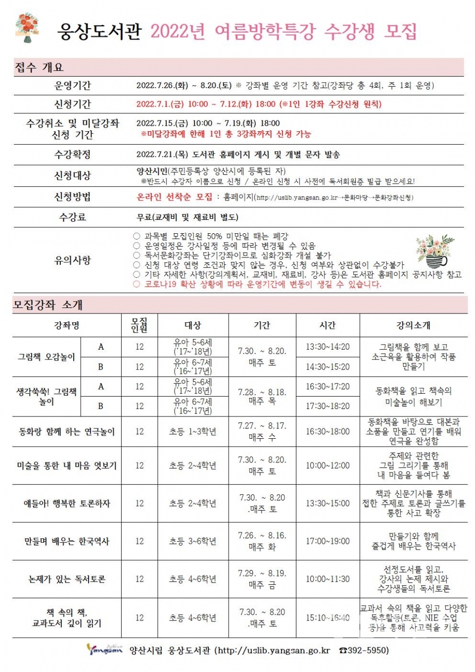 "중앙도서관 홍보문" "상북어린이도서관 홍보문" "서창도서관 홍보문" "웅상도서관 홍보문" "윤현진도서관 홍보문" ⓒ양산타임스