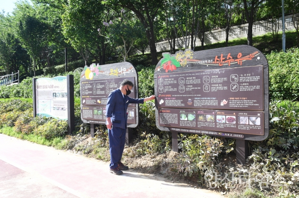 오규석 기장군수는 30일 오후 3시 30분경 좌광천 일원 윗골공원과 구목정공원을 방문해 안내판 설치 완료 현장을 점검했다.ⓒ양산타임스