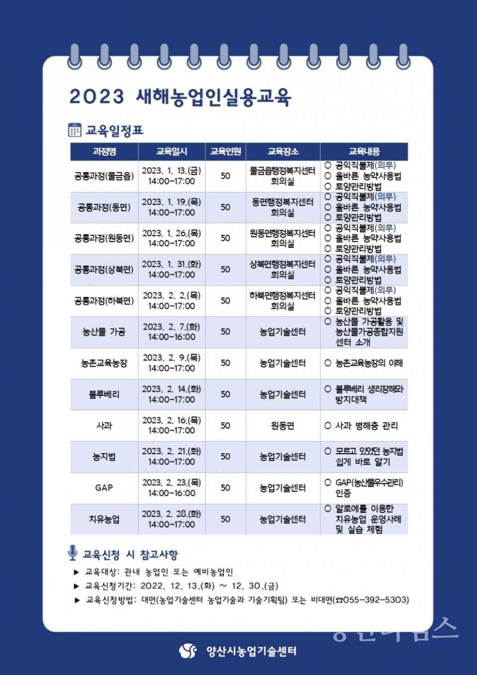 새해농업인실용교육 일정표ⓒ양산타임스