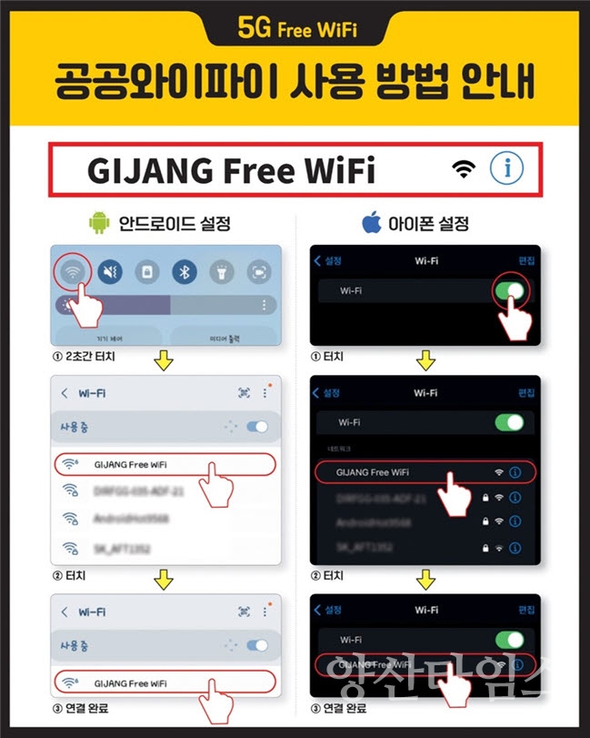 "1-2.공공와이파이 사용 안내문" "1-1.2월 1일부터 기장군 마을버스에서 공공와이파이가 개통된다" ⓒ양산타임스
