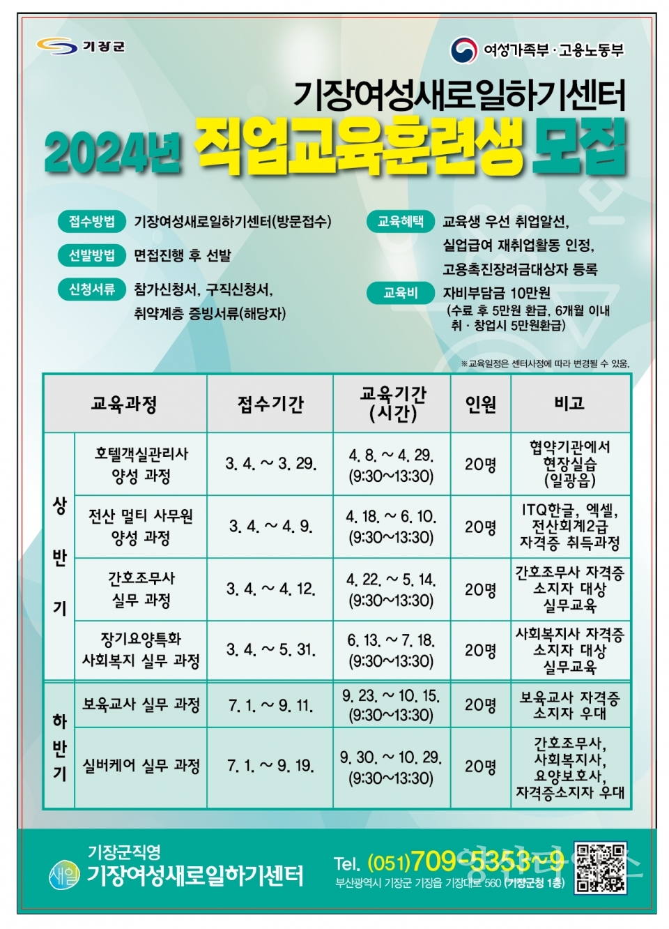 "2-2.지난해 기장새일센터에서 직업교육훈련을 진행하고 있다" "2-1.2024 기장여성새로일하기센터 직업교육훈련 교육생 모집 안내문" ⓒ양산타임스