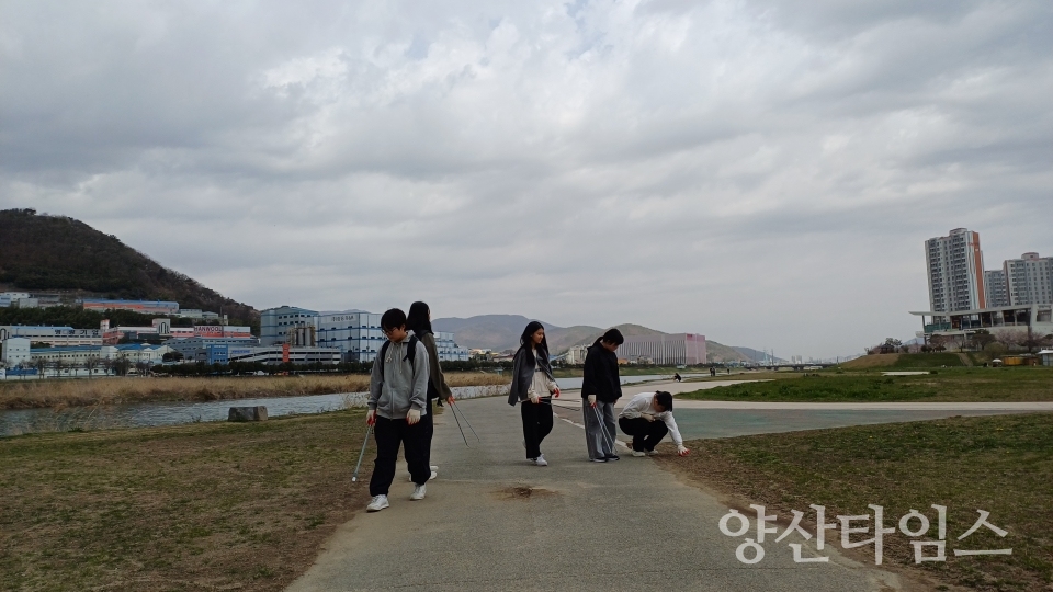 청소년자원봉사단 벚꽃 맞이 거리 정화 활동ⓒ양산타임스