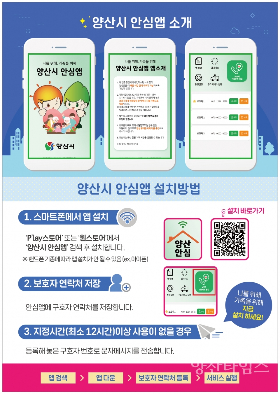 "양산시 안심앱 전단(뒷면)" "양산시 안심앱 전단(앞면)" ⓒ양산타임스
