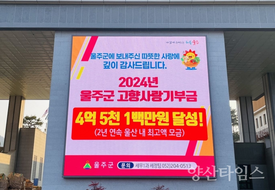 울주군, 지난해 고향사랑기부금 4억5천100만원 달성 ⓒ양산타임스