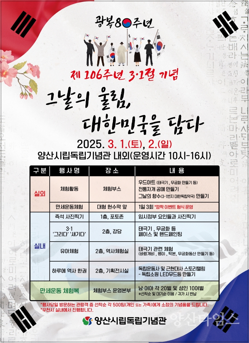 시립독립기념관 광복 80주년 및 제106주년 3.1절 기념 행사ⓒ양산타임스